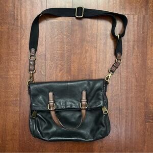 Fossil Explorer Tote in Black Leather with Brown Leather and Brass Accents